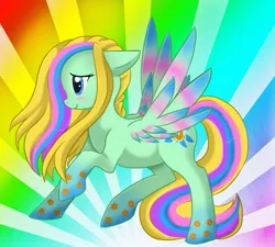 Size: 831x748 | Tagged: safe, artist:halfbreed-kitomi, derpibooru import, oc, oc:dawn dreamer, unofficial characters only, pegasus, pony, rainbow power, rainbow power-ified, solo, sunburst background