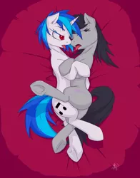 Size: 692x882 | Tagged: suggestive, artist:rostytooth, derpibooru import, octavia melody, vinyl scratch, bedroom eyes, boop, cuddling, drool, drool string, eyes closed, female, hug, kissing, lesbian, moaning, noseboop, open mouth, plot, scratchtavia, shipping, side, snuggling, tongue out, underhoof