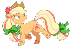 Size: 340x220 | Tagged: safe, artist:milkii-ways, derpibooru import, applejack, earth pony, pony, apple, applejack's hat, bow, cowboy hat, cutie mark, female, food, hair bow, hat, looking back, rainbow power, simple background, smiling, solo, tail bow, transparent background, walking