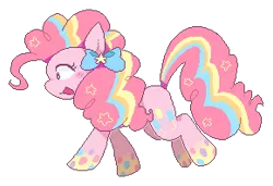 Size: 290x198 | Tagged: dead source, safe, artist:milkii-ways, derpibooru import, pinkie pie, earth pony, pony, bow, cute, cutie mark, diapinkes, female, hair bow, open mouth, pixel art, rainbow power, simple background, smiling, solo, walking, white background