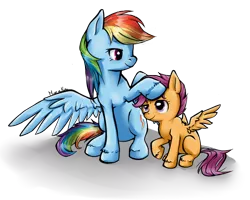 Size: 1000x799 | Tagged: artist:moenkin, derpibooru import, rainbow dash, safe, scootaloo, scootalove, simple background, transparent background