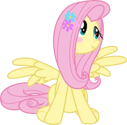 Size: 7644x7540 | Tagged: safe, artist:vulthuryol00, derpibooru import, fluttershy, absurd resolution, blushing, cute, flower, flower in hair, shyabetes, simple background, sitting, smiling, solo, spread wings, transparent background, vector