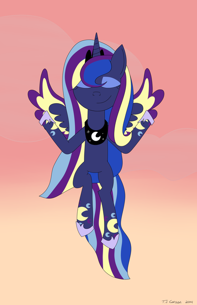 Size: 962x1487 | Tagged: artist:toonboy92484, derpibooru import, flying, princess luna, rainbow power, rainbow power-ified, safe, solo