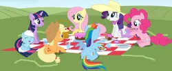 Size: 1024x426 | Tagged: applejack, artist:rulette, cake, derpibooru import, fluttershy, hat, mama twilight, mane six, oc, offspring, parent:rainbow dash, picnic, picnic basket, picnic blanket, pinkie pie, rainbow dash, rarity, safe, sandwich, tea, teacup, teapot, twilight sparkle