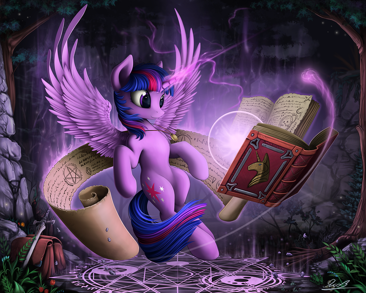 Size: 2000x1600 | Tagged: safe, artist:yakovlev-vad, derpibooru import, twilight sparkle, twilight sparkle (alicorn), alicorn, pony, art, bag, book, female, flower, flying, gem, human shoulders, magic, magic circle, mare, necklace, pentagram, reading, scroll, smiling, solo, spread wings, sword, tree, weapon