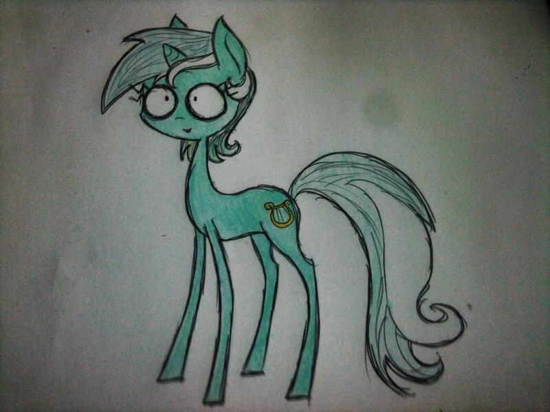 Size: 960x720 | Tagged: safe, artist:miss-racco0n, derpibooru import, lyra heartstrings, pony, unicorn, smiling, solo, style emulation, tim burton, traditional art