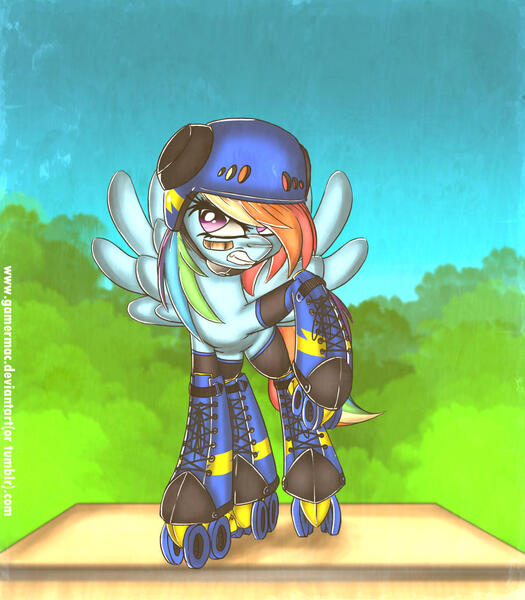 Size: 1400x1600 | Tagged: angry, artist:gamermac, bandaid, derpibooru import, gritted teeth, helmet, ponies in roller skates, rainbow dash, raised hoof, roller skates, safe, solo