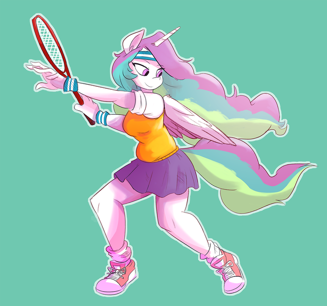 Size: 1280x1200 | Tagged: alicorn, anthro, artist:herny, clothes, derpibooru import, female, headband, plantigrade anthro, princess celestia, safe, skirt, smiling, solo, sweatband, tennis, tennis racket