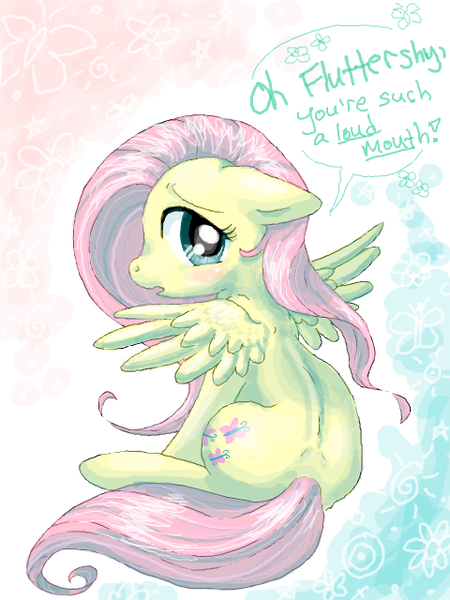 Size: 480x640 | Tagged: safe, artist:ninidoodles, derpibooru import, fluttershy, pegasus, pony, cute, dialogue, floppy ears, looking at you, looking back, quote, shyabetes, sitting, solo, speech bubble, spread wings, wings