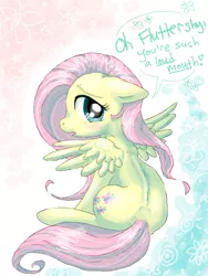 Size: 480x640 | Tagged: safe, artist:ninidoodles, derpibooru import, fluttershy, pegasus, pony, cute, dialogue, floppy ears, looking at you, looking back, quote, shyabetes, sitting, solo, speech bubble, spread wings, wings