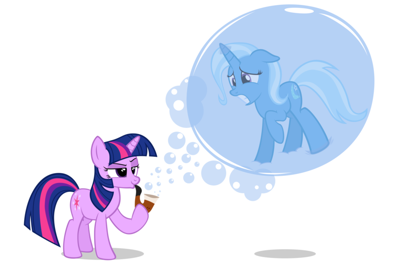 Size: 2250x1500 | Tagged: artist:navitaserussirus, bubble, bubble pipe, derpibooru import, hilarious in hindsight, in bubble, safe, scared, soap bubble, trapped, trixie, twilight sparkle