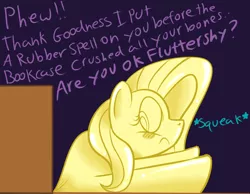 Size: 1000x775 | Tagged: artist:riokenng3, blushing, derpibooru import, dialogue, flattened, fluttershy, implied twilight sparkle, inanimate tf, rubber, rubber pony, safe, solo, spell, squeak, squishy, transformation