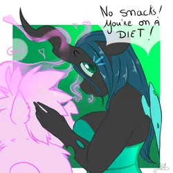 Size: 800x800 | Tagged: safe, artist:arnachy, derpibooru import, queen chrysalis, oc, oc:fluffle puff, anthro, breasts, busty queen chrysalis, canon x oc, changeling feeding, chrysipuff, chubby cheeks, dialogue, eating, embarrassed, exclamation point, female, floppy ears, gasp, gasping, heart, lesbian, looking at you, looking back, looking back at you, love, moan, moaning, moaning in pleasure, open mouth, plump, shipping