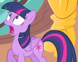 Size: 504x401 | Tagged: safe, derpibooru import, screencap, twilight sparkle, twilight sparkle (alicorn), alicorn, pegasus, pony, female, gasp, mare, missing horn, open mouth, outfit catalog, raised hoof, shocked, solo, wide eyes