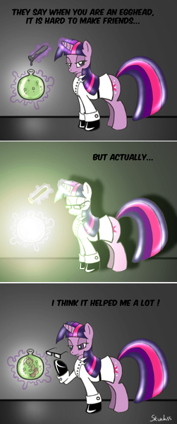 Size: 1100x2627 | Tagged: safe, artist:skunkiss, derpibooru import, pinkie pie, twilight sparkle, clothes, comic, glasses, mad scientist, science, vial