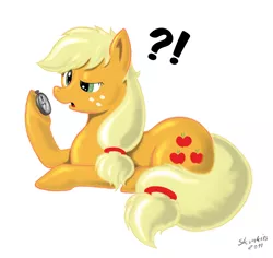 Size: 2859x2698 | Tagged: safe, artist:skunkiss, derpibooru import, applejack, earth pony, pony, exclamation point, female, interrobang, mare, morning ponies, prone, question mark, simple background, solo, watch, white background
