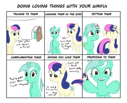 Size: 1600x1300 | Tagged: artist:varemia, bon bon, derpibooru import, doing loving things, harem, looking at you, love, lyra heartstrings, meme, polyamory, polygamy, safe, sweetie drops, underhoof, waifu