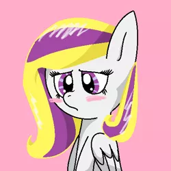 Size: 463x463 | Tagged: safe, artist:mittenpatty, derpibooru import, oc, oc:grape lemonade, unofficial characters only, pegasus, pony, blushing, female, gray, mare, pink background, shy, simple background, solo, worried