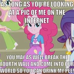 Size: 751x751 | Tagged: source needed, suggestive, derpibooru import, edit, edited screencap, screencap, pinkie pie, equestria girls, bedroom eyes, fourth wall, image macro, implied piss drinking, implied watersports, meme, meta, mouthpiece, you will never x