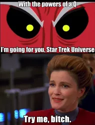 Size: 768x1008 | Tagged: safe, derpibooru import, lord tirek, exploitable meme, kathryn janeway, meme, sfdebris, star trek, tirek vs everyone meme, tirek vs the captains, vulgar