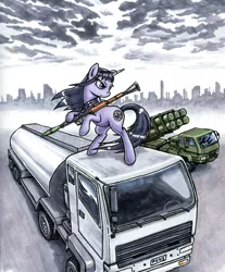 Size: 636x768 | Tagged: artist:choedan-kal, derpibooru import, homura akemi, ponified, puella magi madoka magica, rocket launcher, rpg-7, safe, solo, traditional art, truck, weapon