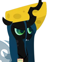 Size: 1000x1000 | Tagged: annoyed, artist:doodlesbychangelings, cheese, cheese hat, derpibooru import, factory, fangs, frown, hat, queen chrysalis, raised eyebrow, safe, solo, source needed, unamused, work