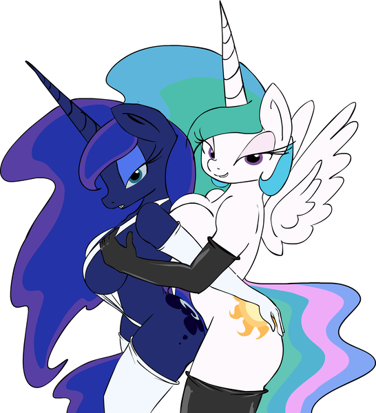 Size: 1735x1906 | Tagged: source needed, questionable, artist:zev, derpibooru import, princess celestia, princess luna, anthro, breast grab, breasts, busty princess celestia, busty princess luna, butt grab, clothes, evening gloves, female, from behind, gloves, grope, hand on butt, image, incest, latex, latex gloves, latex stockings, lesbian, nudity, png, princest, shipping, sideboob, sling bikini, stockings, swimsuit, wedgie, white swimsuit
