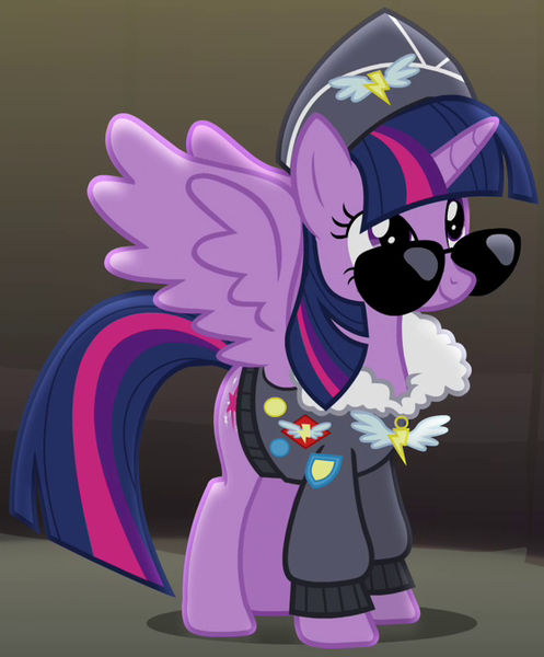 Size: 558x674 | Tagged: safe, derpibooru import, screencap, commander easy glider, twilight sparkle, twilight sparkle (alicorn), alicorn, pony, testing testing 1-2-3, ancient wonderbolts uniform, clothes, costume, cropped, cute, female, hat, jacket, mare, outfit catalog, smiling, solo, spread wings, sunglasses, uniform