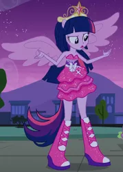 Size: 474x662 | Tagged: safe, derpibooru import, screencap, twilight sparkle, equestria girls, big crown thingy, boots, element of magic, fall formal outfits, high heel boots, jewelry, ponied up, pony ears, regalia, solo, sparkles, twilight ball dress, wings