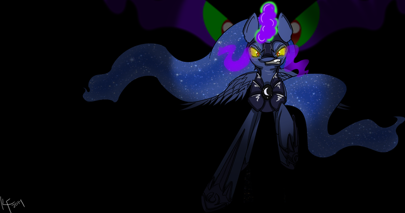 Size: 4096x2160 | Tagged: angry, armor, artist:bloody--mascarade, dark, dark magic, derpibooru import, fall of the crystal empire, glare, gritted teeth, king sombra, looking at you, magic, princess luna, raised hoof, safe, sombra eyes, wallpaper, wide eyes