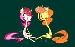 Size: 1248x782 | Tagged: dead source, safe, artist:yuji8sushi, derpibooru import, carrot top, golden harvest, roseluck, earth pony, pony, crown, cute, cutie top, floral head wreath, flower, shipping, sitting