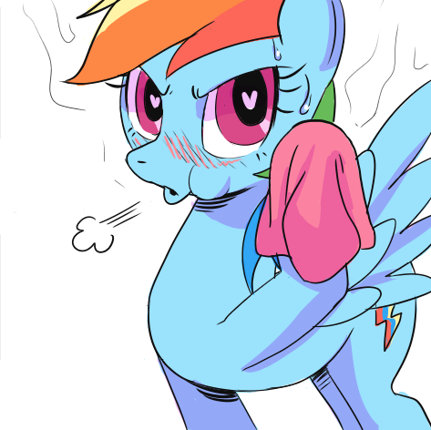 Size: 473x472 | Tagged: safe, artist:cakewasgood, derpibooru import, rainbow dash, pony, blushing, female, heart eyes, image, looking at you, mare, png, raised hoof, simple background, solo, sweat, sweating towel guy, towel, tsunderainbow, tsundere, white background, wingding eyes