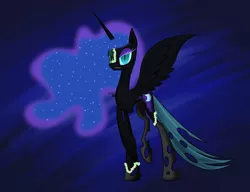 Size: 1024x788 | Tagged: artist:t3zz, character to character, nightmare chrysalis, nightmare moon, nightmarified, queen chrysalis, safe, solo, transformation