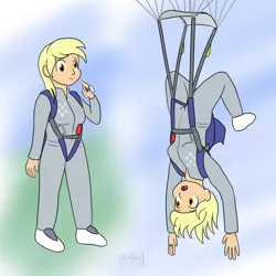 Size: 1000x1000 | Tagged: air ponyville, artist:phallen1, clothes, derpy hooves, falling, human, humanized, jumpsuit, parachute, safe, skydiving, upside down