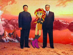 Size: 500x375 | Tagged: safe, derpibooru import, sunset shimmer, equestria girls, image, jpeg, kim il-sung, kim jong-il, north korea, painting, soviet shimmer, sunset shimmer in the past