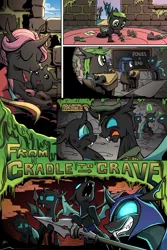 Size: 3000x4500 | Tagged: safe, artist:lovelyneckbeard, derpibooru import, queen chrysalis, changeling, nymph, angry, colt, comic, crying, drill sergeant, drool, evil, eye contact, eyes closed, fangs, foal, frown, glare, grin, hoof hold, i can't believe it's not idw, magic man changelings, nose in the air, open mouth, playing, propaganda, sad, smiling, spear, tongue out, toy, weapon, yelling