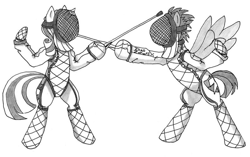 Size: 1024x644 | Tagged: safe, artist:zhaozoharex, derpibooru import, flash sentry, twilight velvet, pegasus, pony, unicorn, awesome, badass, bipedal, duo, epee, fanfic art, fencing, grayscale, monochrome, sparring, sword, traditional art