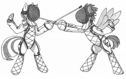 Size: 1024x644 | Tagged: safe, artist:zhaozoharex, derpibooru import, flash sentry, twilight velvet, pegasus, pony, unicorn, awesome, badass, bipedal, duo, epee, fanfic art, fencing, grayscale, monochrome, sparring, sword, traditional art