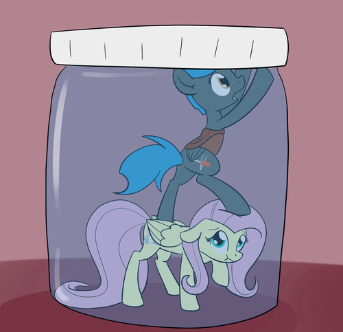 Size: 500x483 | Tagged: source needed, safe, artist:whatsapokemon, derpibooru import, fluttershy, oc, oc:jade shine, pegasus, pony, claustrophobic, implied asphyxiation, jar, micro, pony in a bottle, trapped, worried