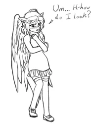 Size: 366x488 | Tagged: artist:kiana, clothes, derpibooru import, dress, eared humanization, human, humanized, mary janes, monochrome, oc, oc:stormy sky, safe, socks, solo, tailed humanization, unofficial characters only, winged humanization