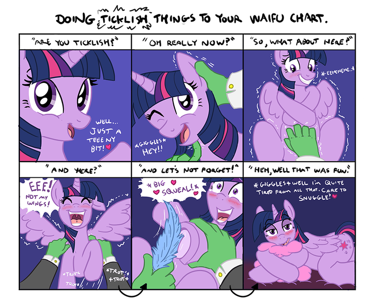 Size: 1024x832 | Tagged: suggestive, artist:caroo, derpibooru import, twilight sparkle, twilight sparkle (alicorn), oc, oc:anon, alicorn, pony, bedroom eyes, bellyrubs, colored, comic, crying, cute, doing ticklish things, eyes closed, female, front hoof tickling, grin, hand, heart, hoof tickling, hug, imma snuggle you, incorrect leg anatomy, laughing, looking at you, mare, open mouth, pillow, prone, raised hoof, shivering, smiling, snuggling, spread wings, stomping, tickling, ticklish wings, underhoof, uvula, wide eyes, wingboner, wink