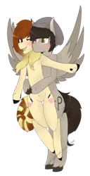 Size: 1024x2005 | Tagged: safe, artist:oddends, derpibooru import, oc, unofficial characters only, earth pony, pegasus, pony, beanie, belly button, couple, cute, flying, hat, hug, hug from behind, oc x oc, smiling, wink