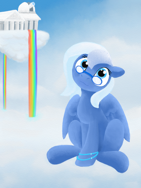 Size: 600x800 | Tagged: safe, artist:quartz-poker, derpibooru import, oc, unofficial characters only, pegasus, pony, bracelet, cloud, cloudy, female, glasses, head tilt, jewelry, looking at you, rainbow, sky, solo, telescope