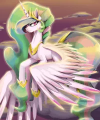 Size: 2500x3000 | Tagged: safe, artist:santagiera, derpibooru import, princess celestia, alicorn, pony, cloud, flying, looking at you, smirk, solo