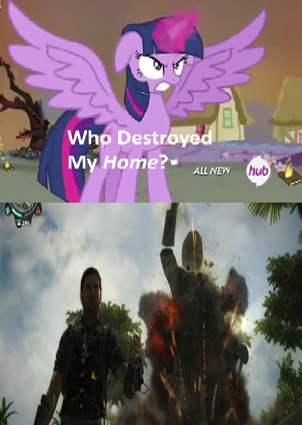 Size: 427x600 | Tagged: safe, derpibooru import, twilight sparkle, twilight sparkle (alicorn), alicorn, pony, destruction, exploitable meme, explosion, female, hub logo, just cause, just cause 2, mare, meme, rico rodriguez, vandalism, who destroyed twilight's home