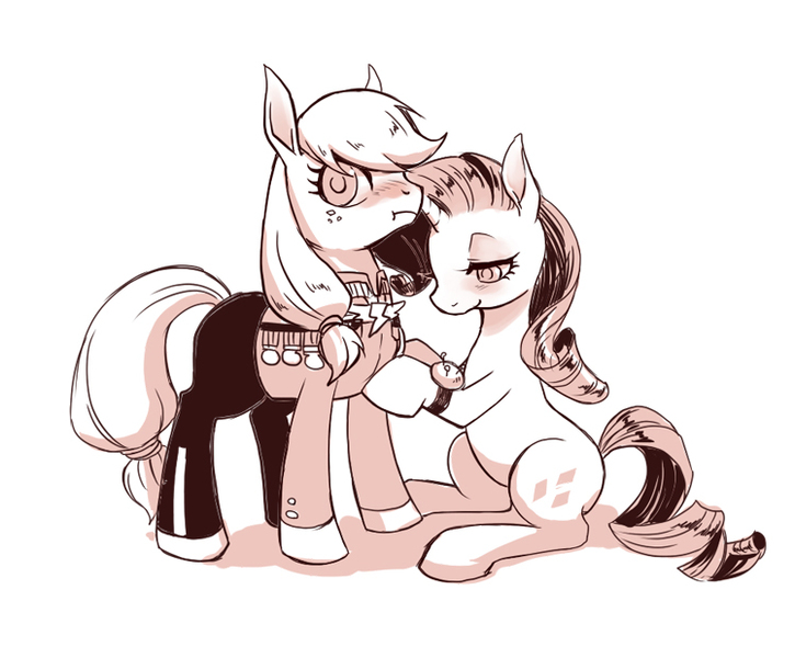 Size: 748x619 | Tagged: safe, artist:murai shinobu, derpibooru import, applejack, rarity, testing testing 1-2-3, clothes, female, lesbian, monochrome, pixiv, rarijack, shipping