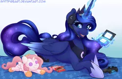 Size: 1200x776 | Tagged: safe, artist:spittfireart, derpibooru import, princess luna, alicorn, pony, gamer luna, 3ds, colored wings, controller, female, gradient wings, headset, looking at you, magic, mare, playstation 4, plushie, pocky, prone, smiling, solo