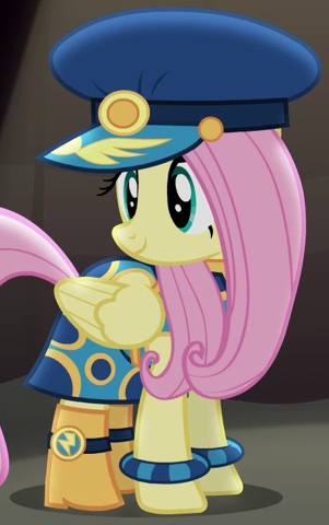Size: 301x480 | Tagged: safe, derpibooru import, screencap, admiral fairy flight, fluttershy, pegasus, pony, testing testing 1-2-3, ancient wonderbolts uniform, boots, clothes, costume, cropped, female, hat, mare, outfit catalog, shoes, solo, uniform