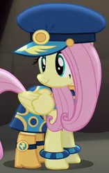 Size: 301x480 | Tagged: safe, derpibooru import, screencap, admiral fairy flight, fluttershy, pegasus, pony, testing testing 1-2-3, ancient wonderbolts uniform, boots, clothes, costume, cropped, female, hat, mare, outfit catalog, shoes, solo, uniform