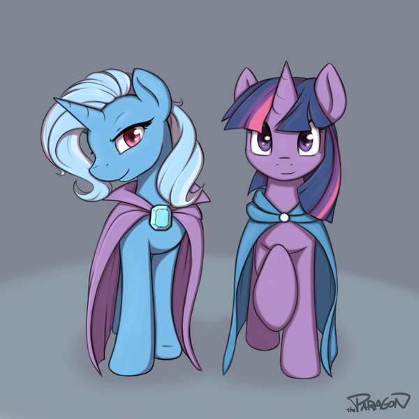 Size: 3500x3500 | Tagged: safe, artist:theparagon, derpibooru import, trixie, twilight sparkle, pony, unicorn, cape, clothes, female, looking at you, mare, smiling